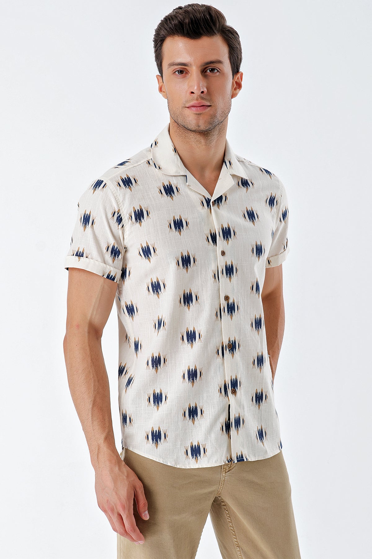 Comfort-Fit Short Sleeve Open Collar Patterned Shirt - Beige