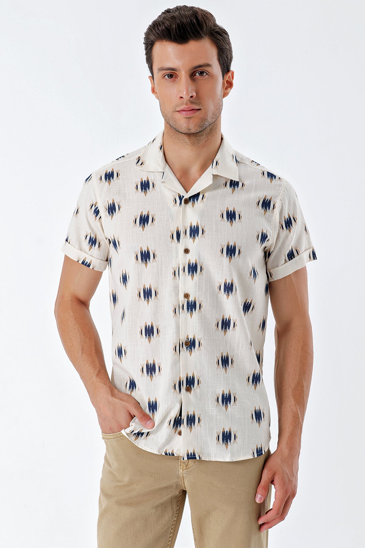 Comfort-Fit Short Sleeve Open Collar Patterned Shirt - Beige