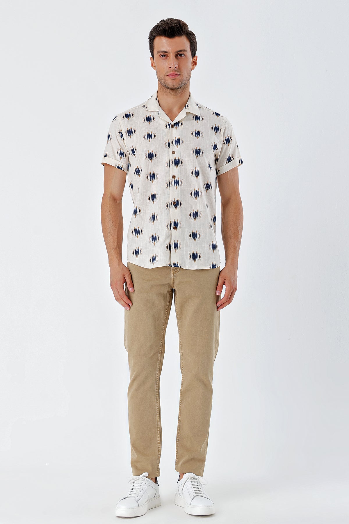 Comfort-Fit Short Sleeve Open Collar Patterned Shirt - Beige