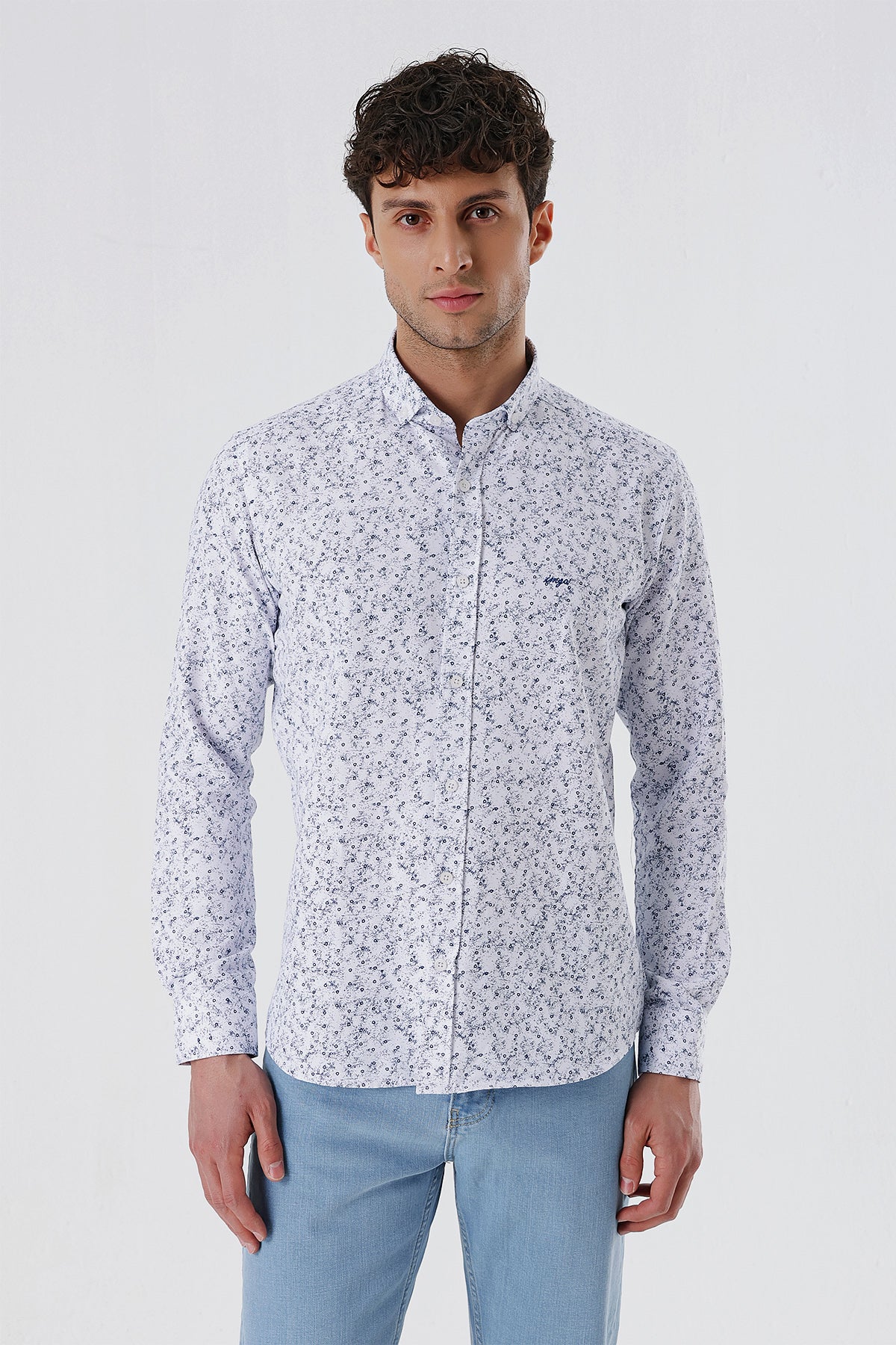 Slim-Fit Patterned Oxford Shirt - Navy