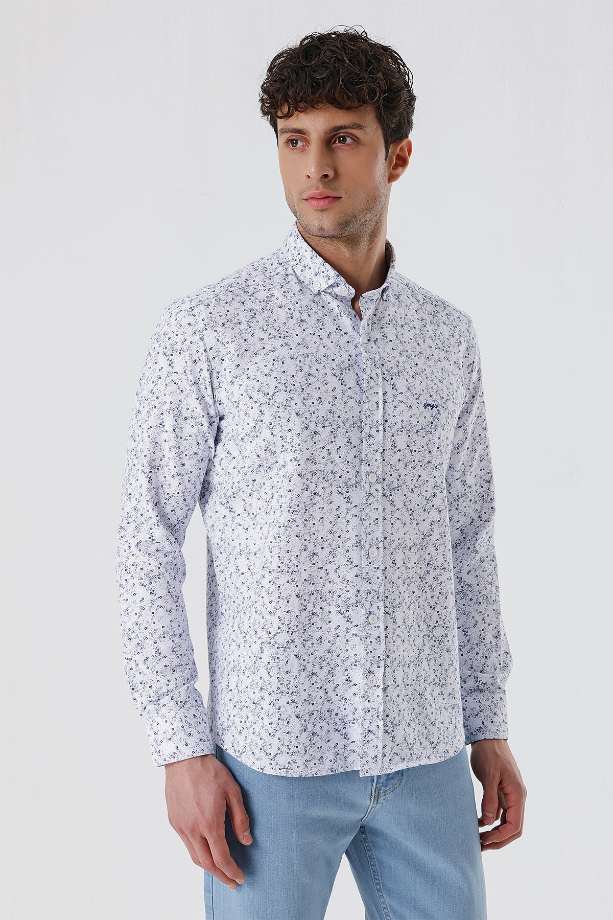 Slim-Fit Patterned Oxford Shirt - Navy