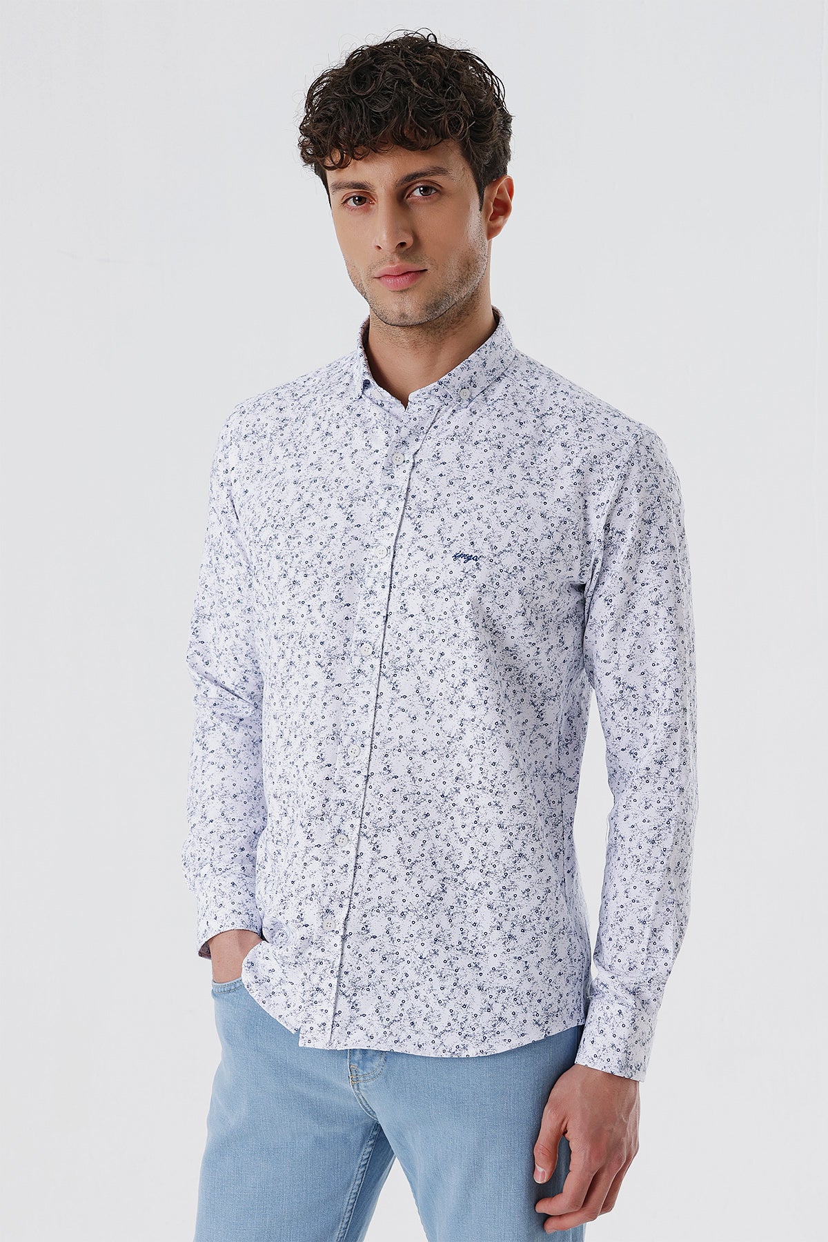 Slim-Fit Patterned Oxford Shirt - Navy