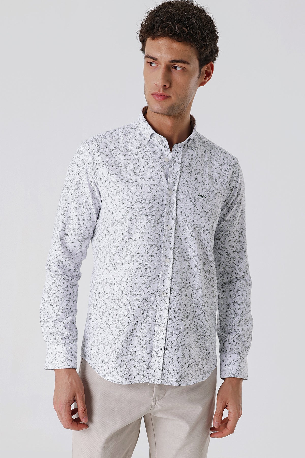 Slim-Fit Patterned Oxford Shirt - Khaki