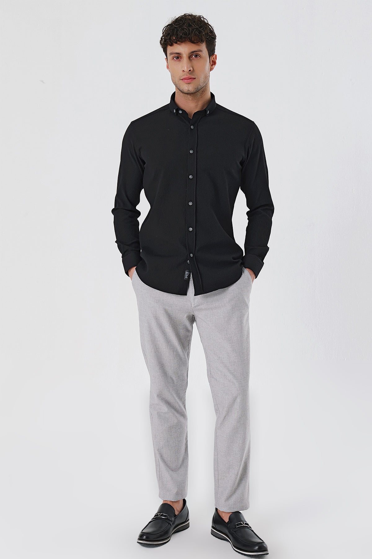 Slim-Fit Patterned Oxford Shirt - Black