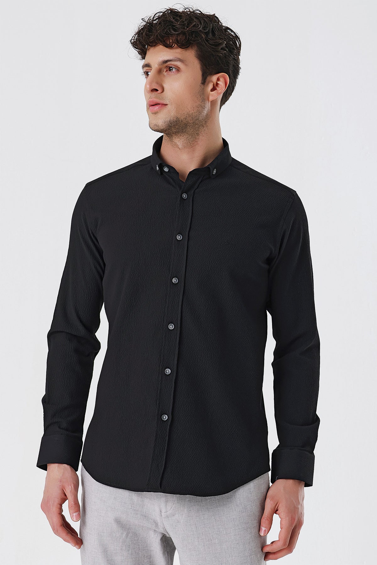 Slim-Fit Patterned Oxford Shirt - Black