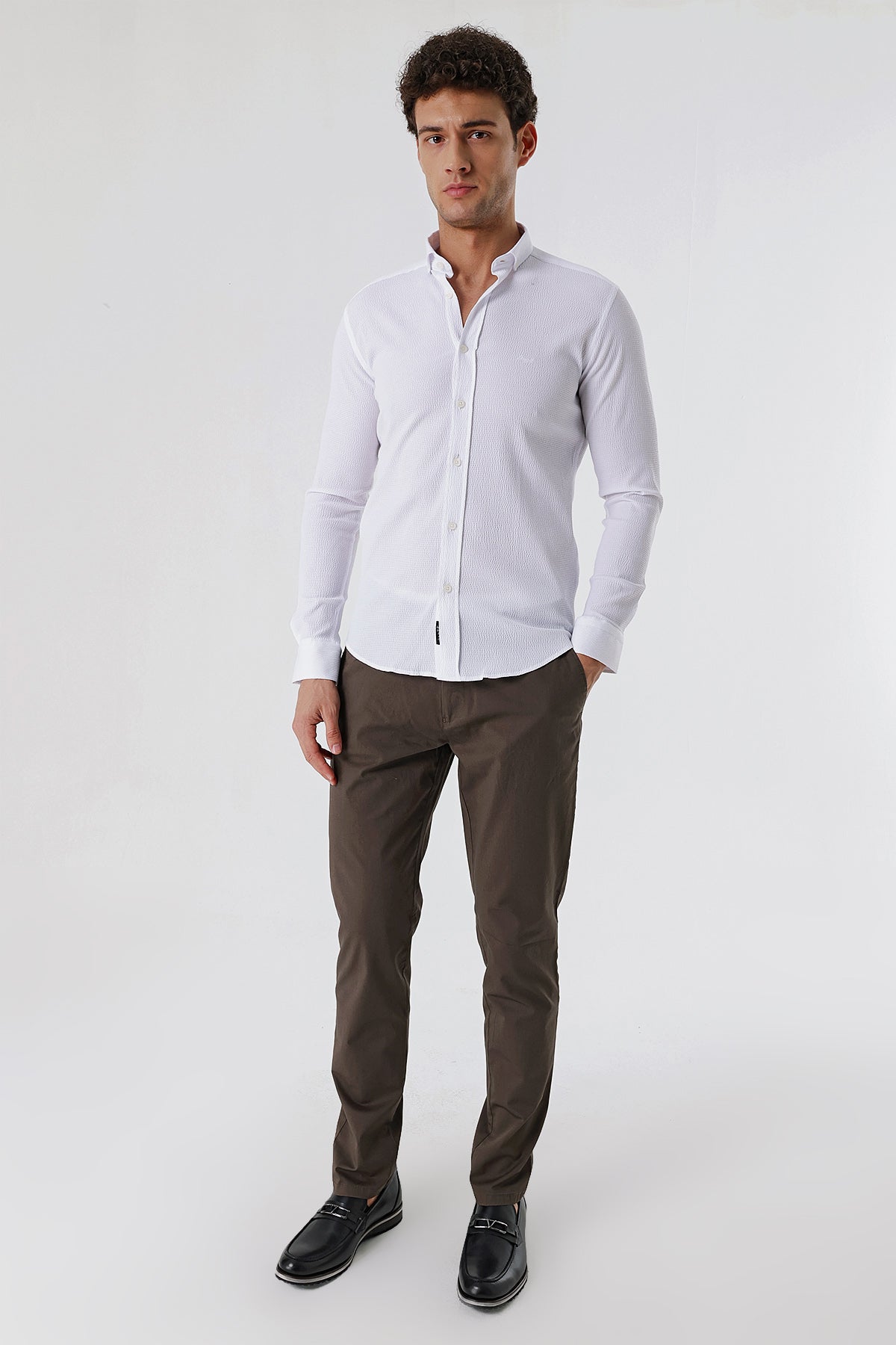 Slim-Fit Patterned Oxford Shirt - White