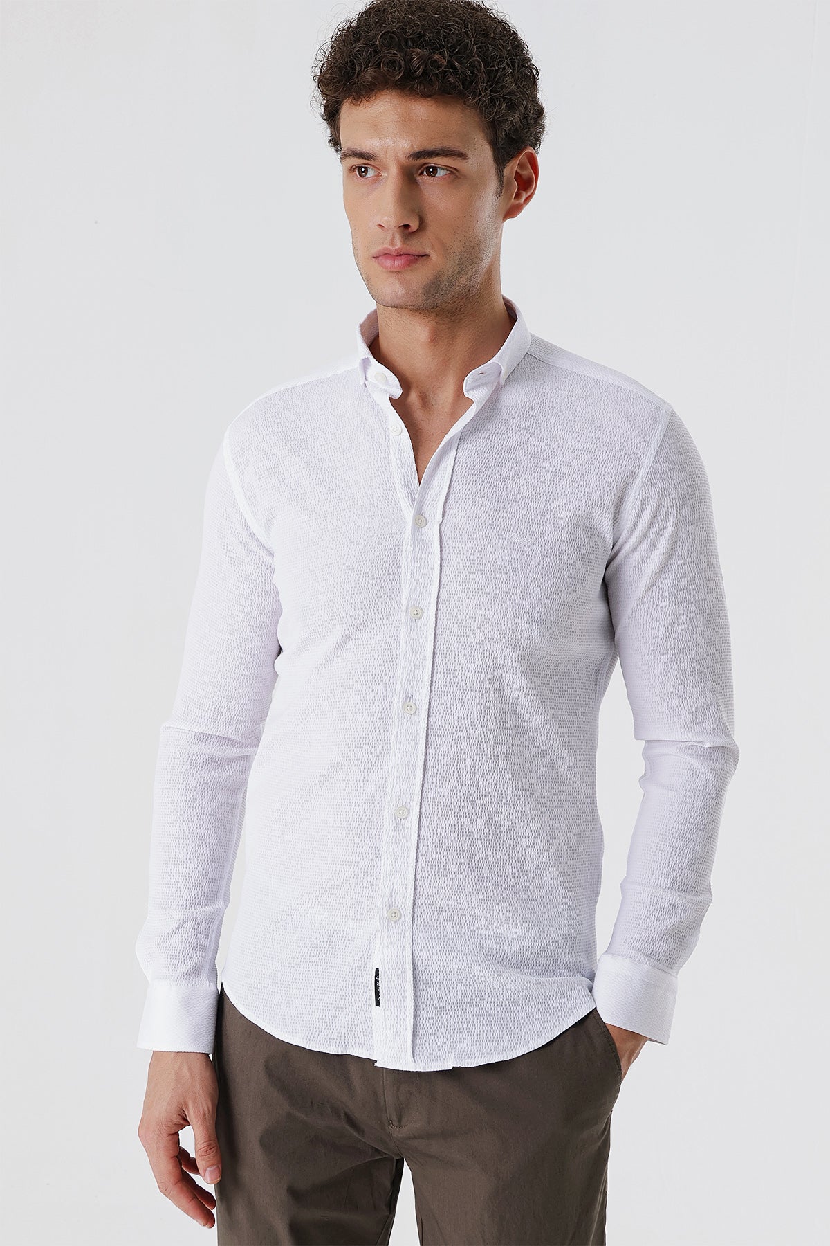 Slim-Fit Patterned Oxford Shirt - White