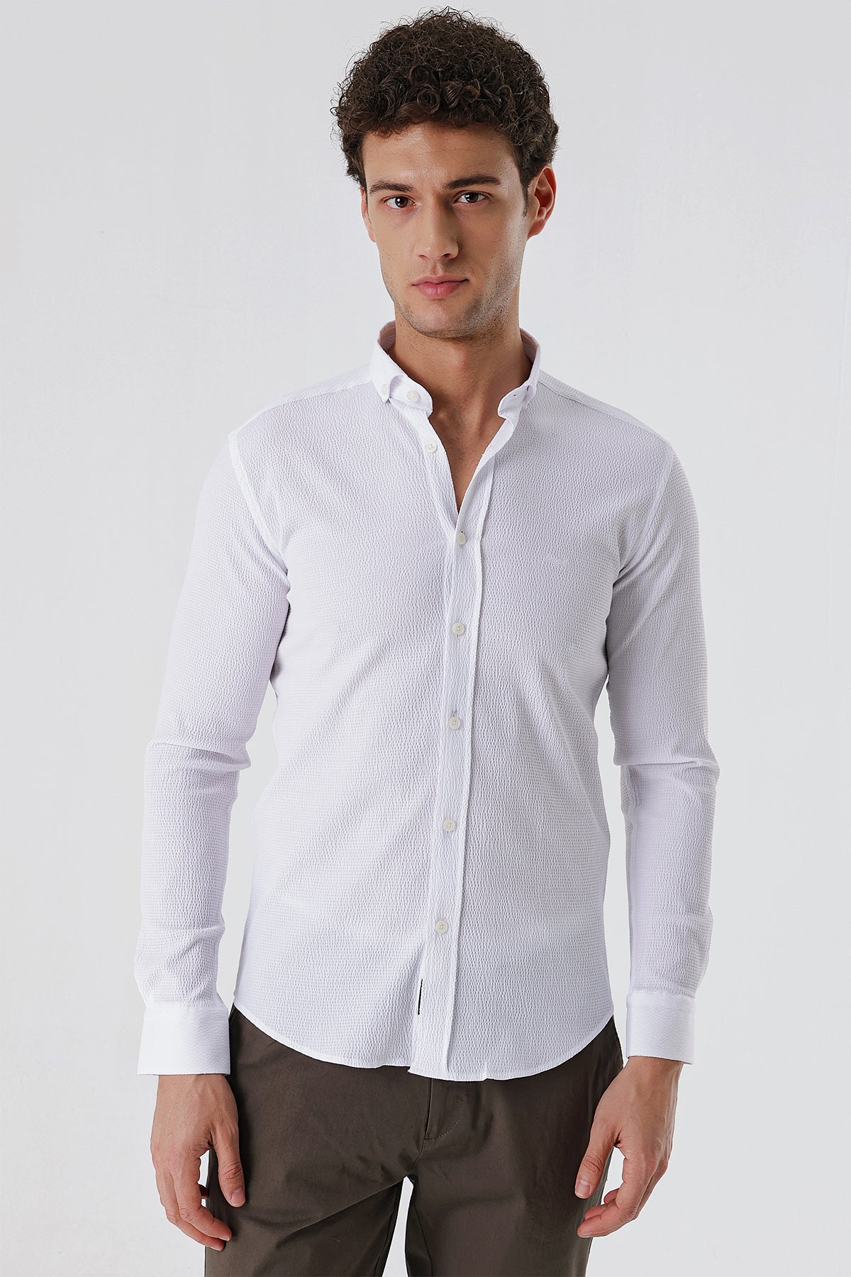 Slim-Fit Patterned Oxford Shirt - White