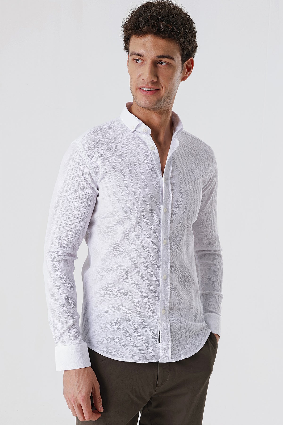 Slim-Fit Patterned Oxford Shirt - White