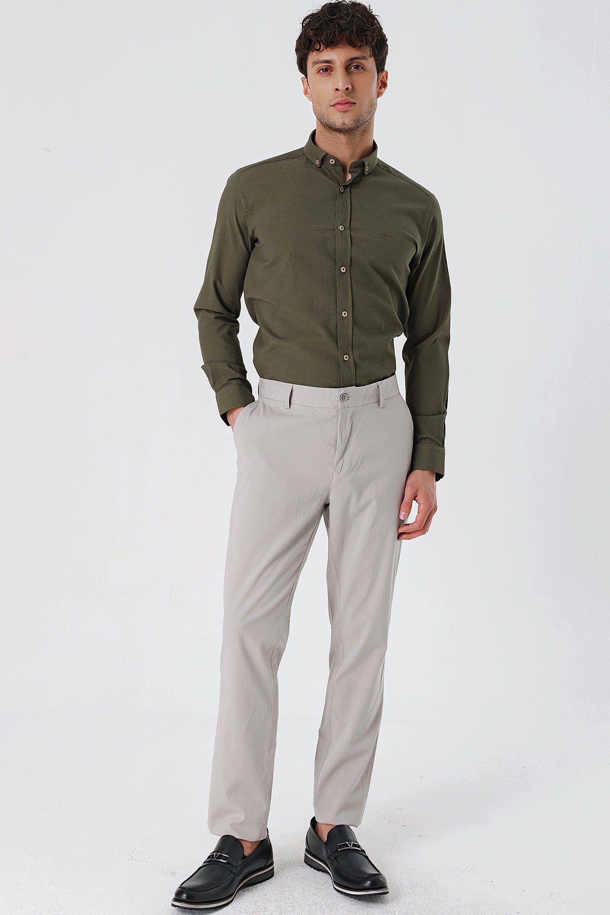 Slim-Fit Patterned Oxford Shirt - Khaki