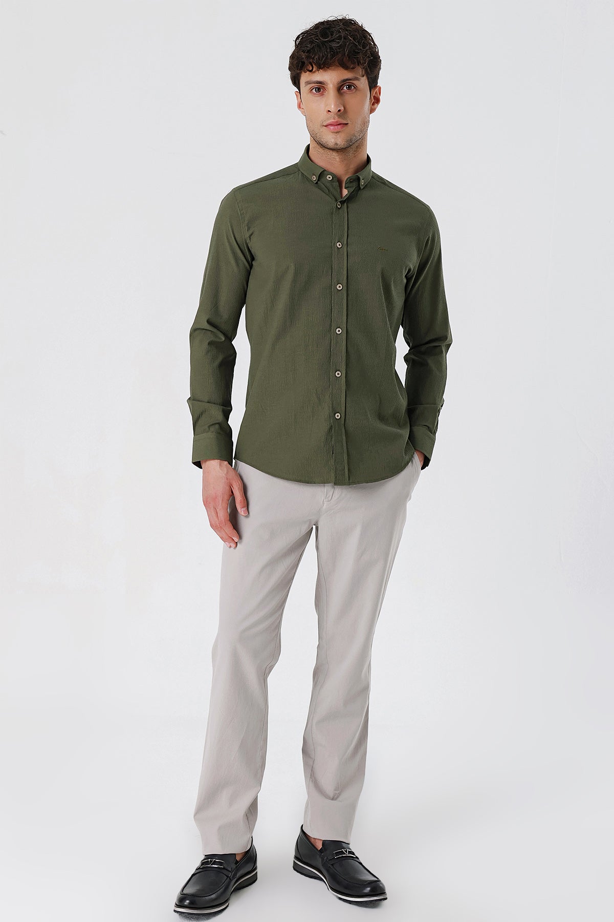 Slim-Fit Patterned Oxford Shirt - Khaki