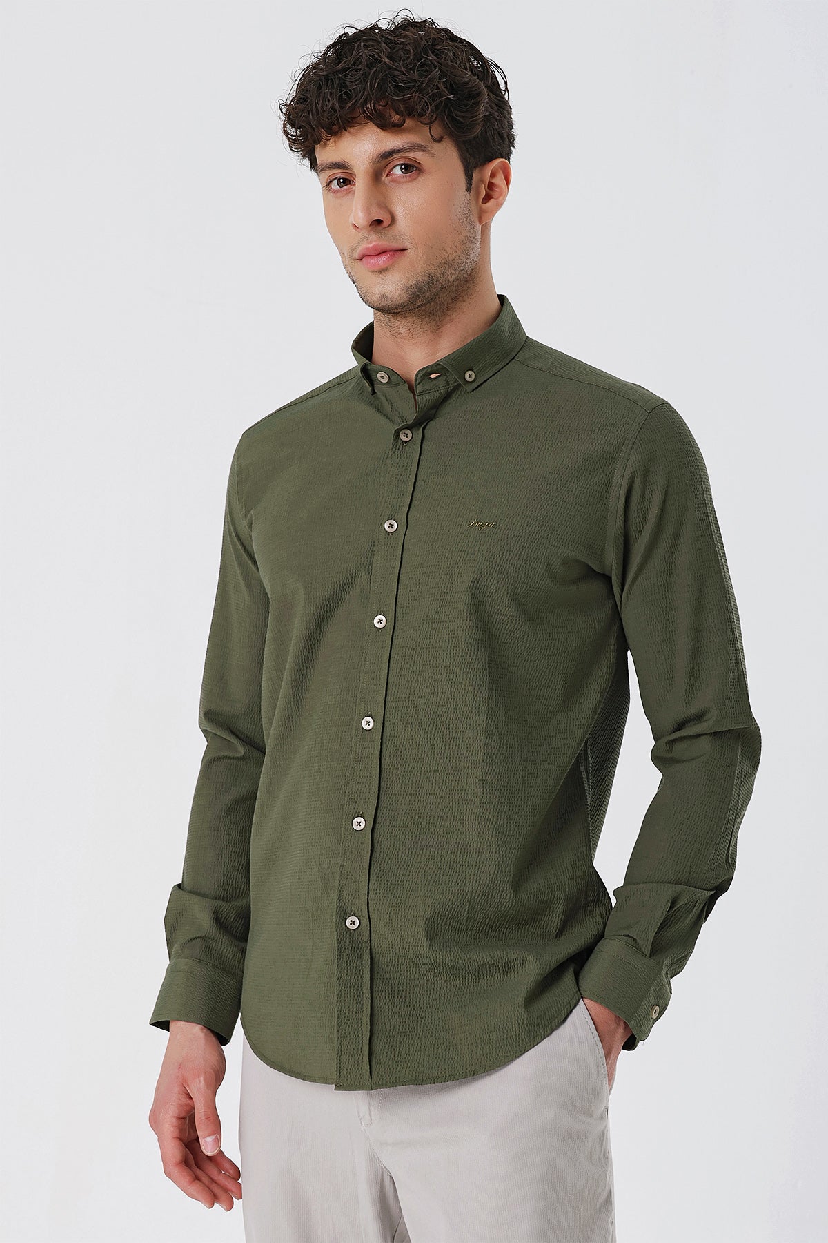 Slim-Fit Patterned Oxford Shirt - Khaki