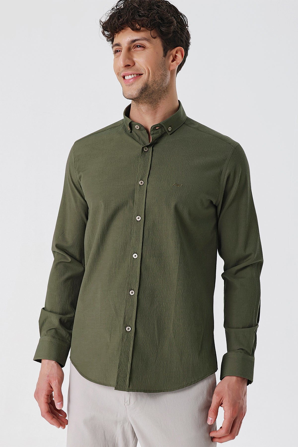 Slim-Fit Patterned Oxford Shirt - Khaki