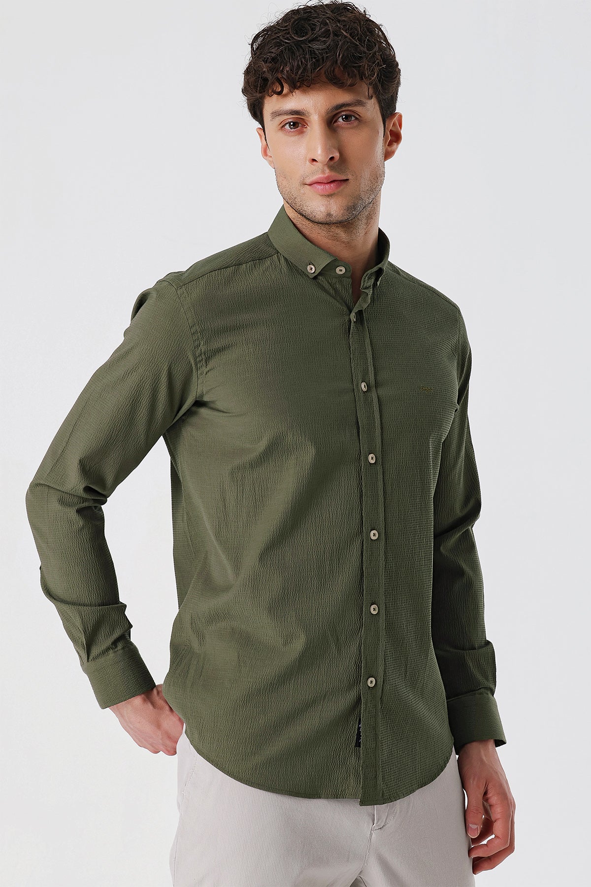 Slim-Fit Patterned Oxford Shirt - Khaki