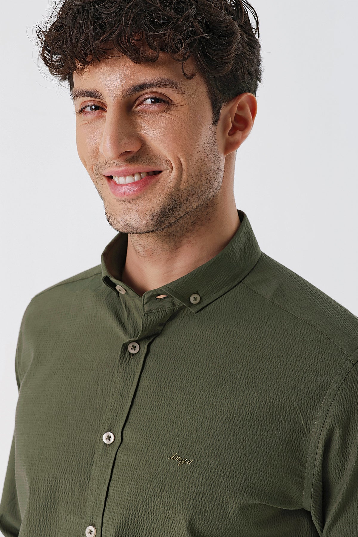 Slim-Fit Patterned Oxford Shirt - Khaki