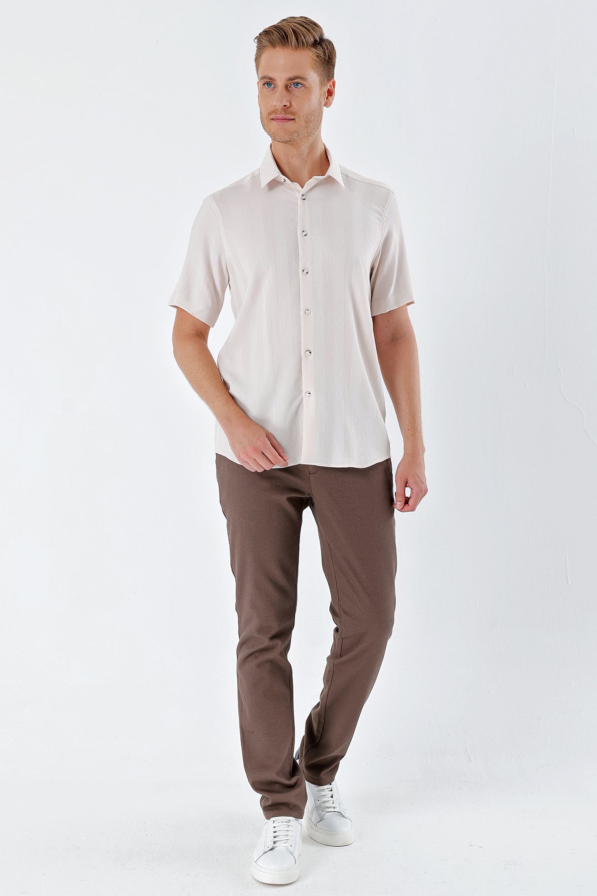 Comfort-Fit Short Sleeve Striped Shirt - Light Beige