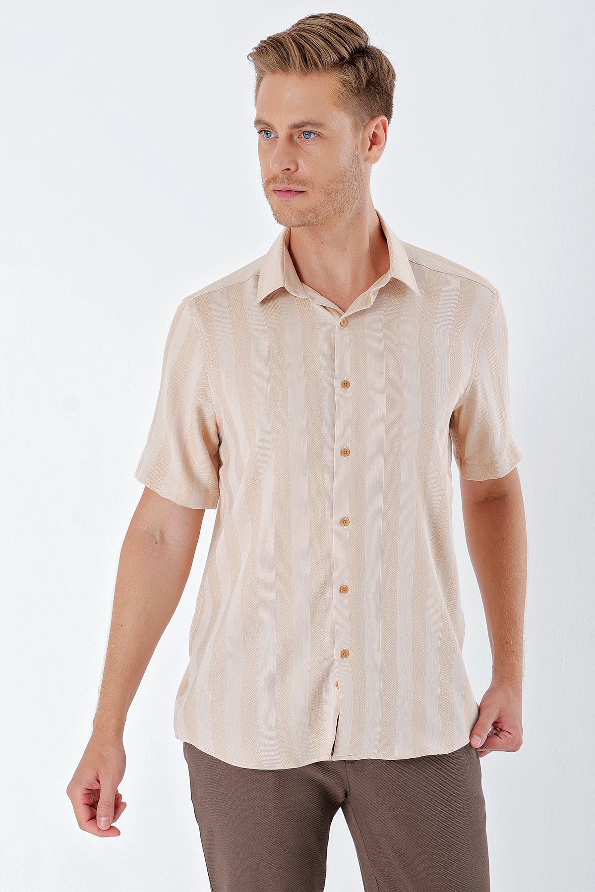 Comfort-Fit Short Sleeve Striped Shirt - Beige