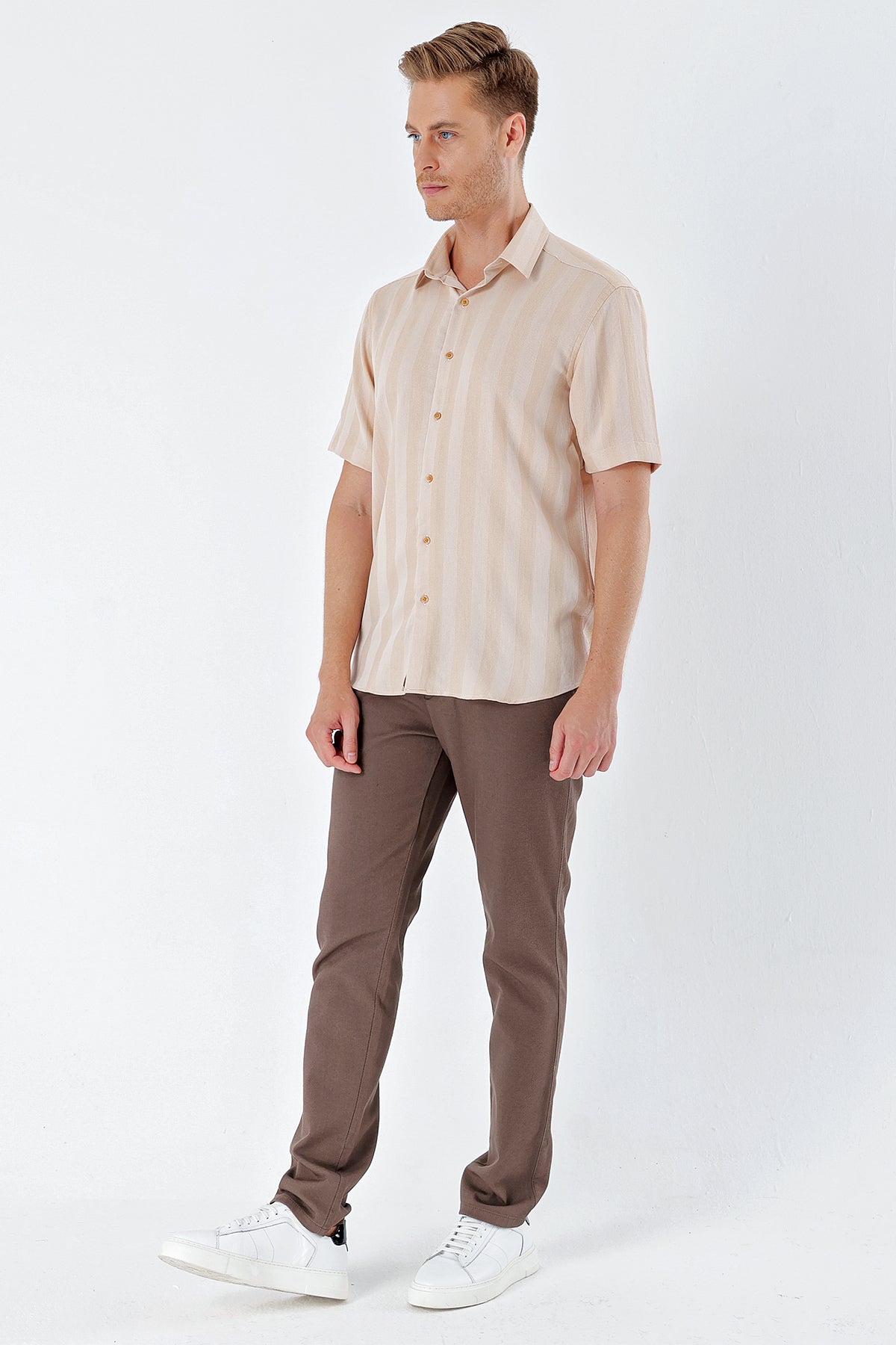 Comfort-Fit Short Sleeve Striped Shirt - Beige