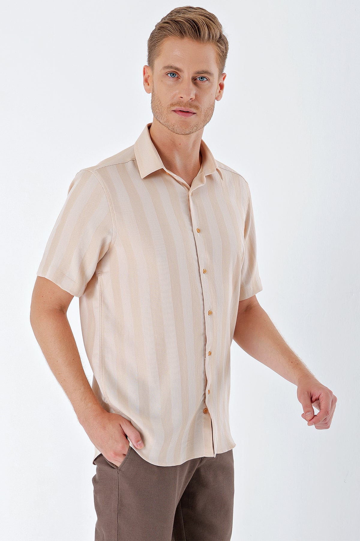 Comfort-Fit Short Sleeve Striped Shirt - Beige