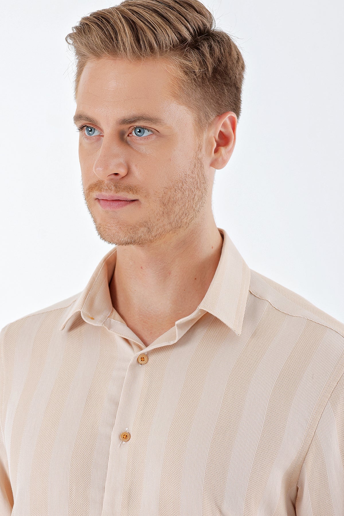 Comfort-Fit Short Sleeve Striped Shirt - Beige