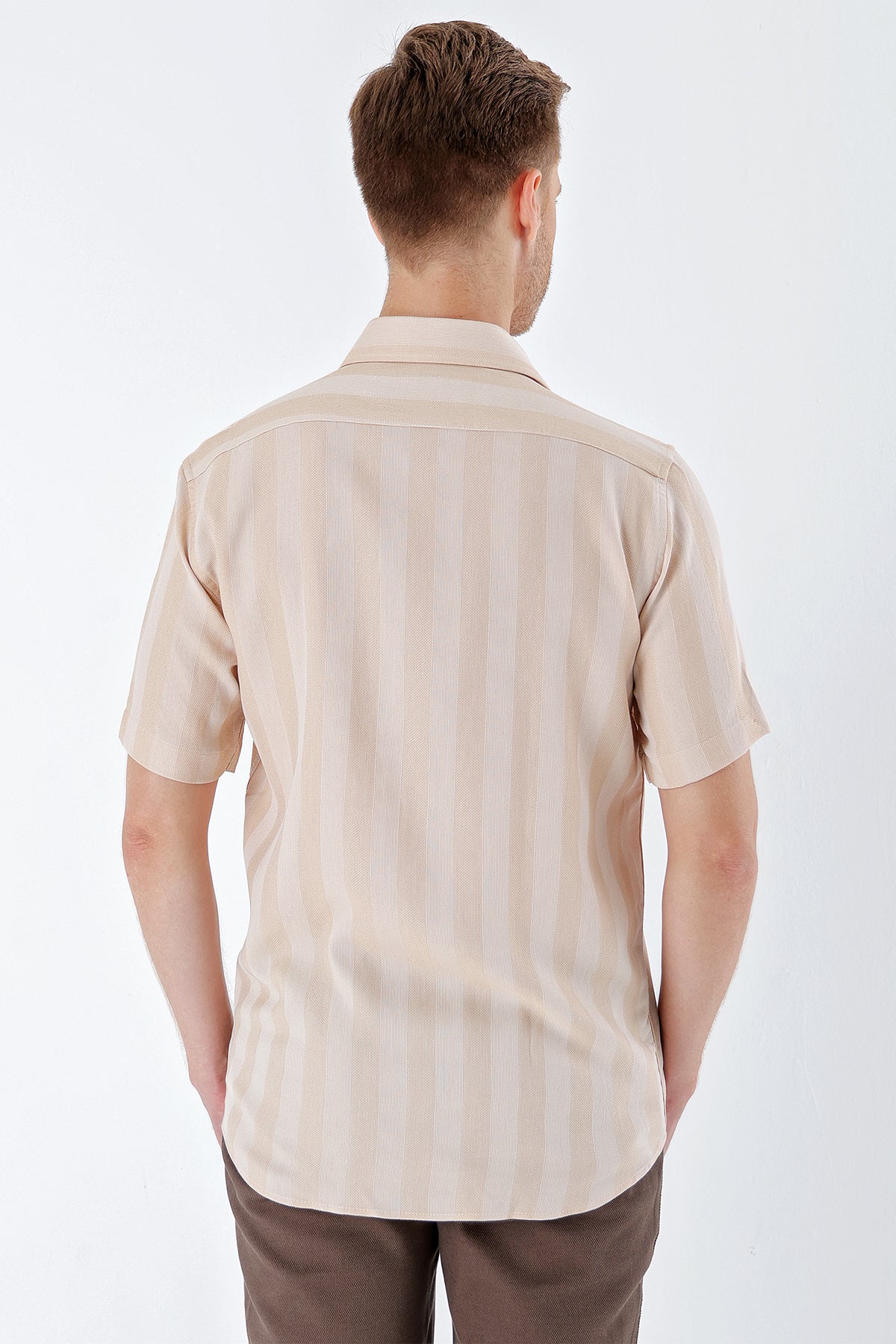 Comfort-Fit Short Sleeve Striped Shirt - Beige