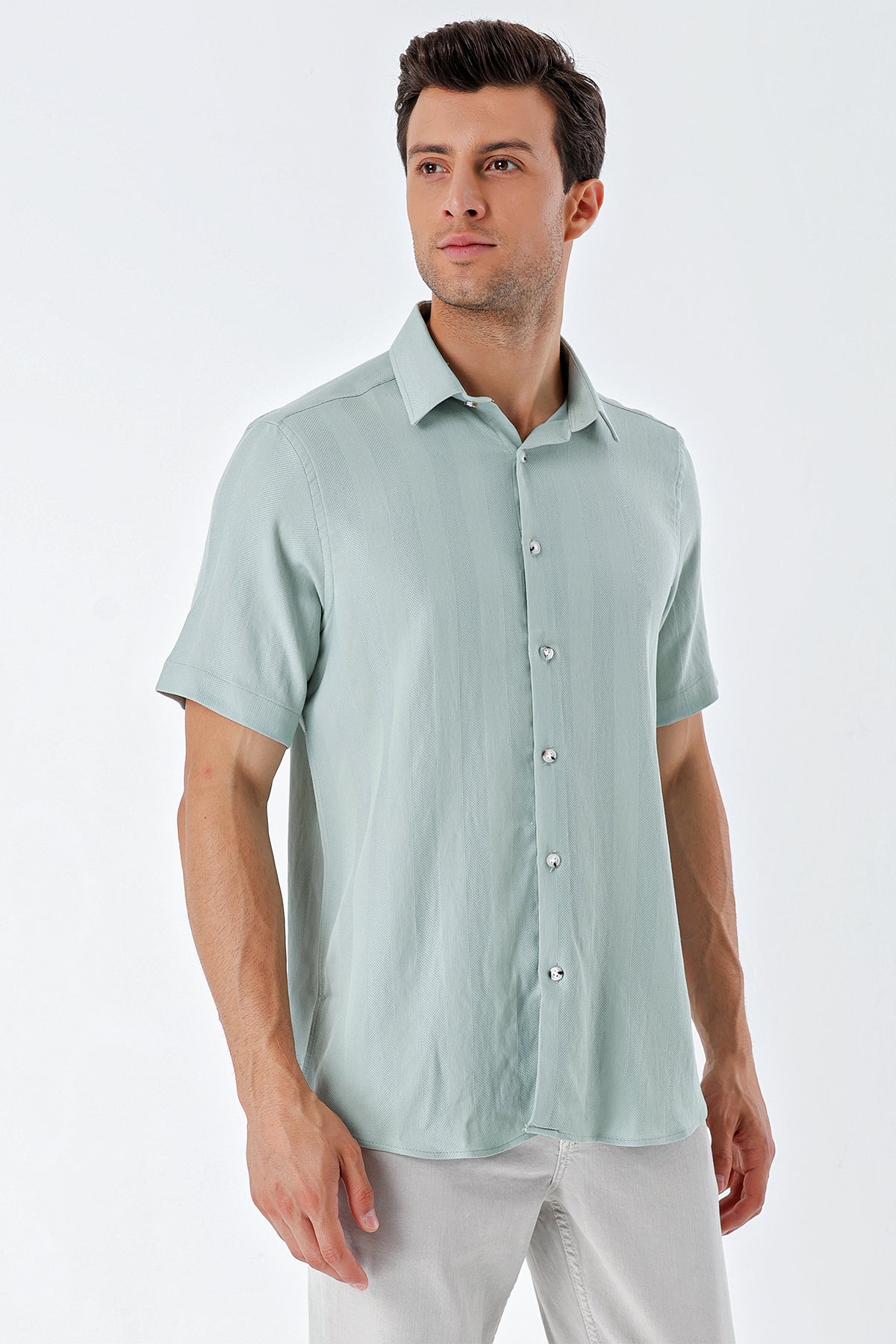 Comfort-Fit Short Sleeve Striped Shirt - Mint Green