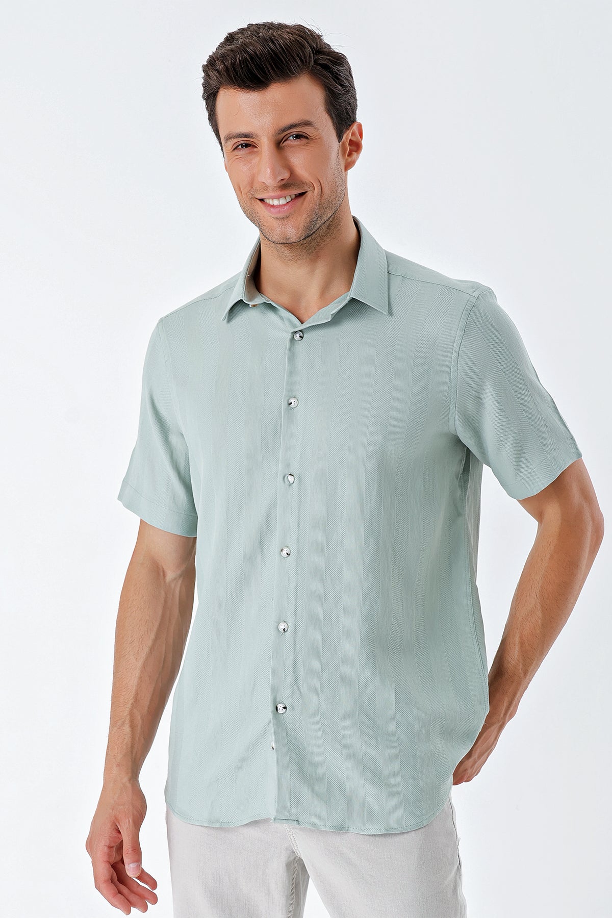 Comfort-Fit Short Sleeve Striped Shirt - Mint Green