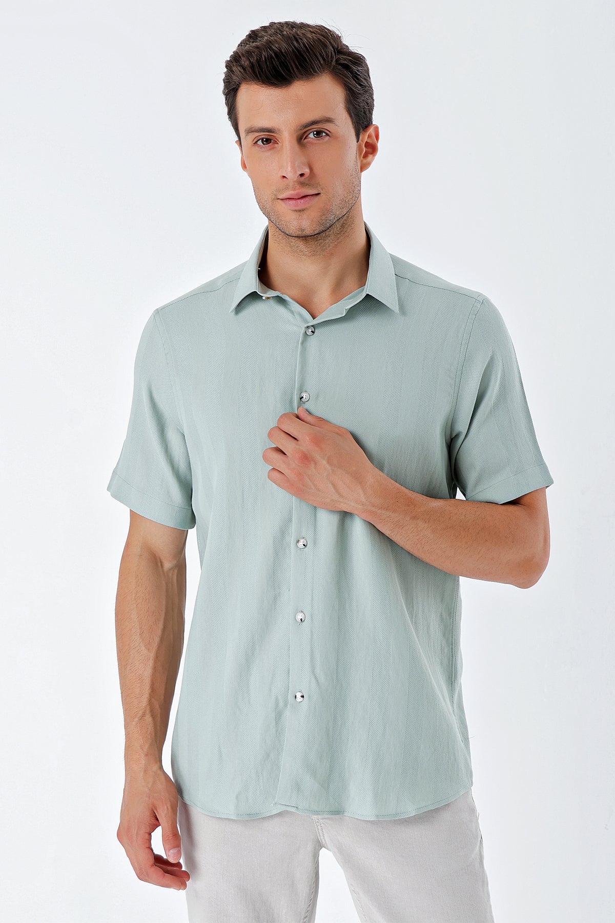 Comfort-Fit Short Sleeve Striped Shirt - Mint Green