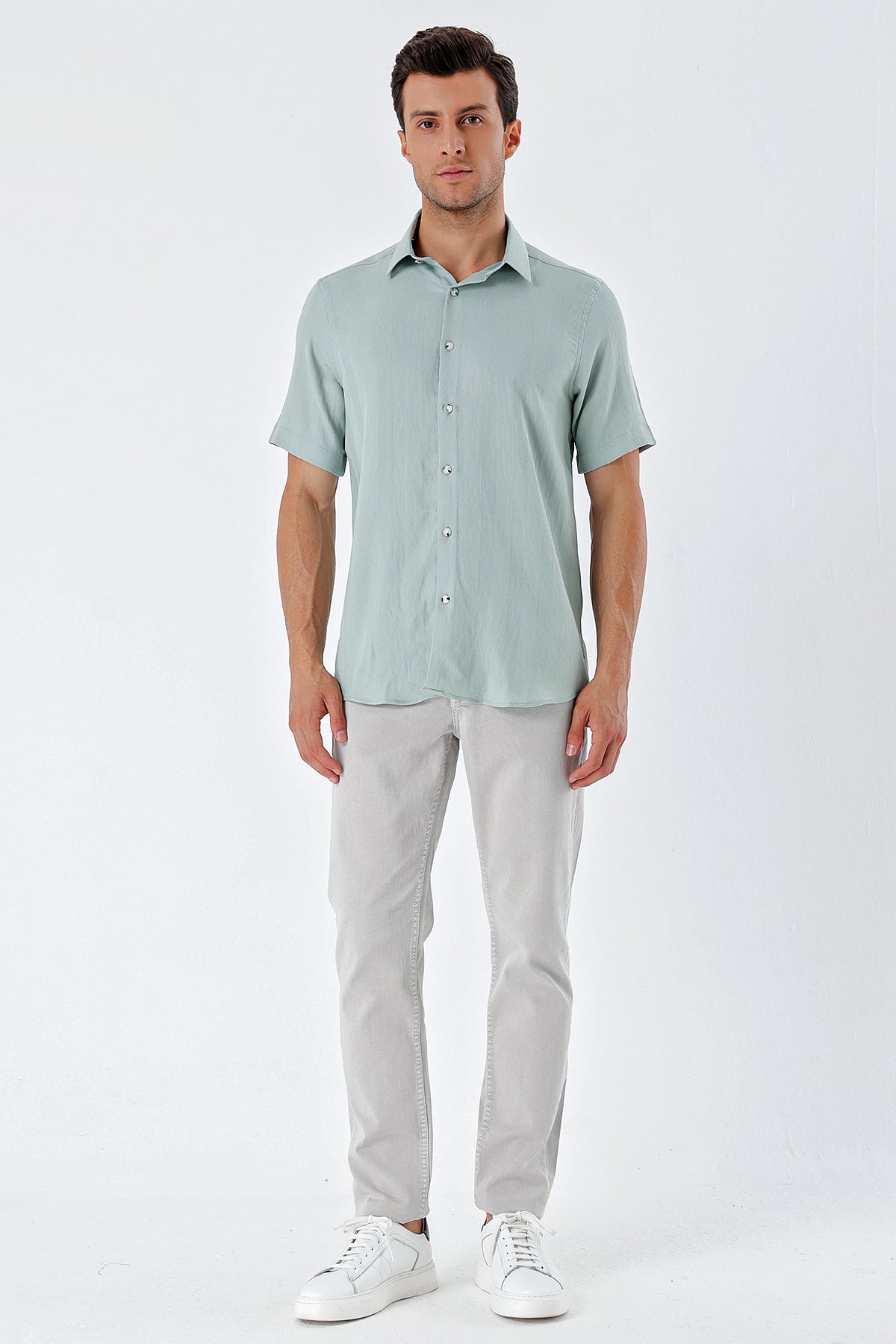 Comfort-Fit Short Sleeve Striped Shirt - Mint Green