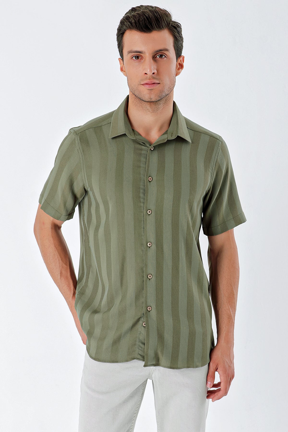 Comfort-Fit Short Sleeve Striped Shirt - Khaki