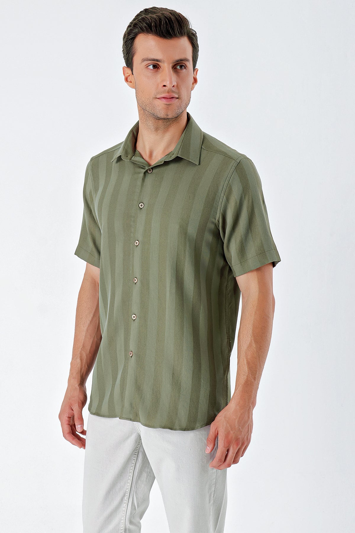 Comfort-Fit Short Sleeve Striped Shirt - Khaki