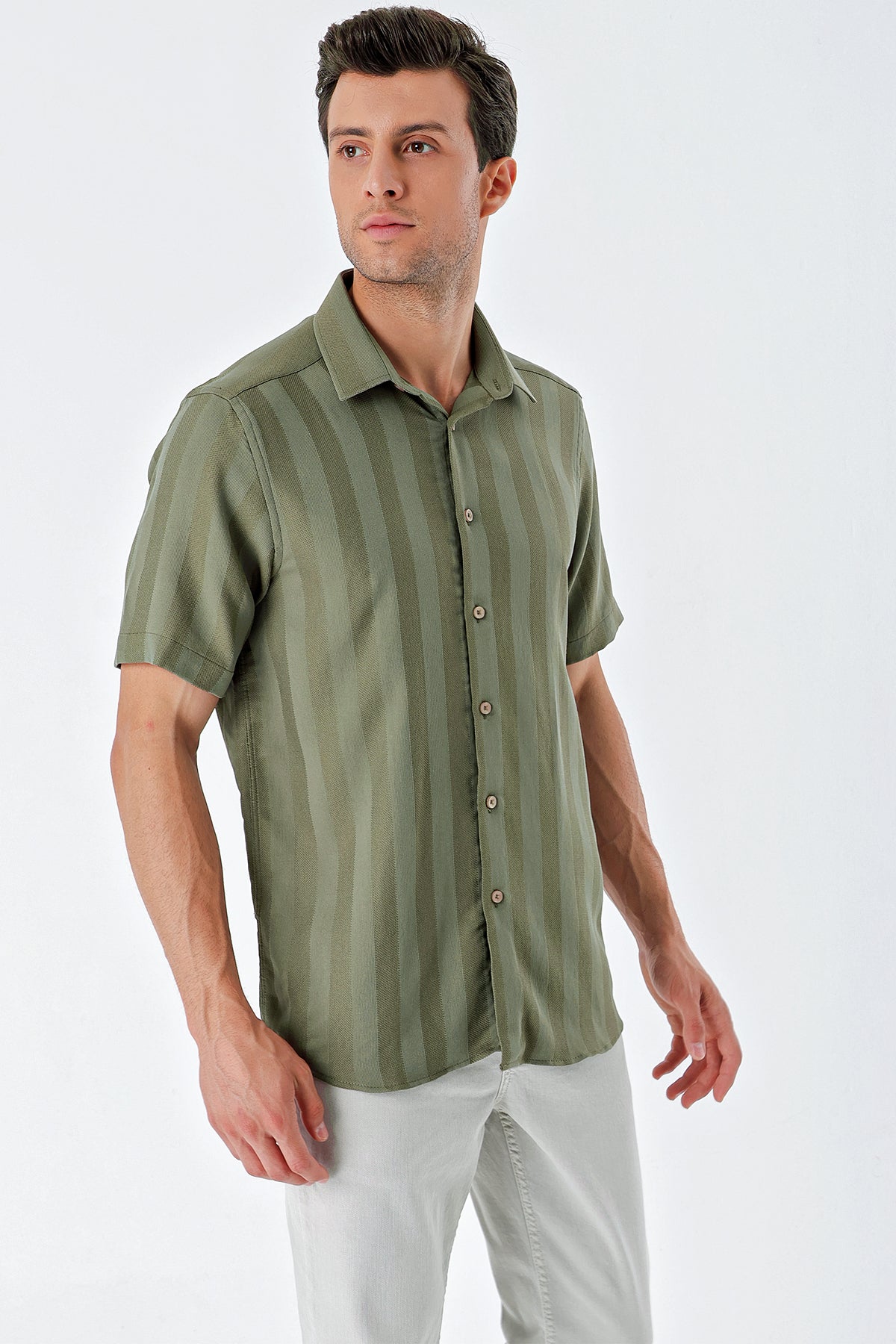 Comfort-Fit Short Sleeve Striped Shirt - Khaki