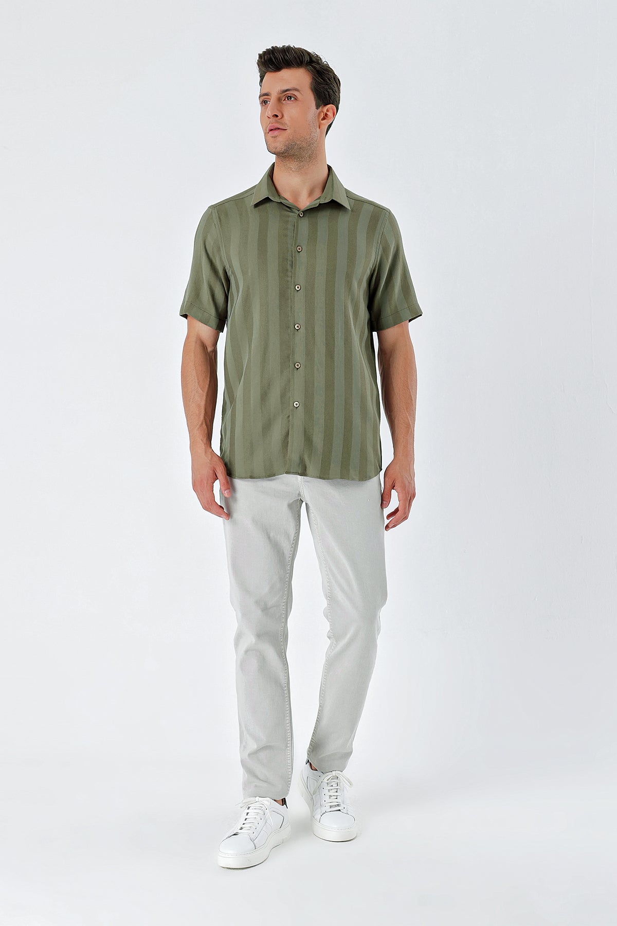 Comfort-Fit Short Sleeve Striped Shirt - Khaki