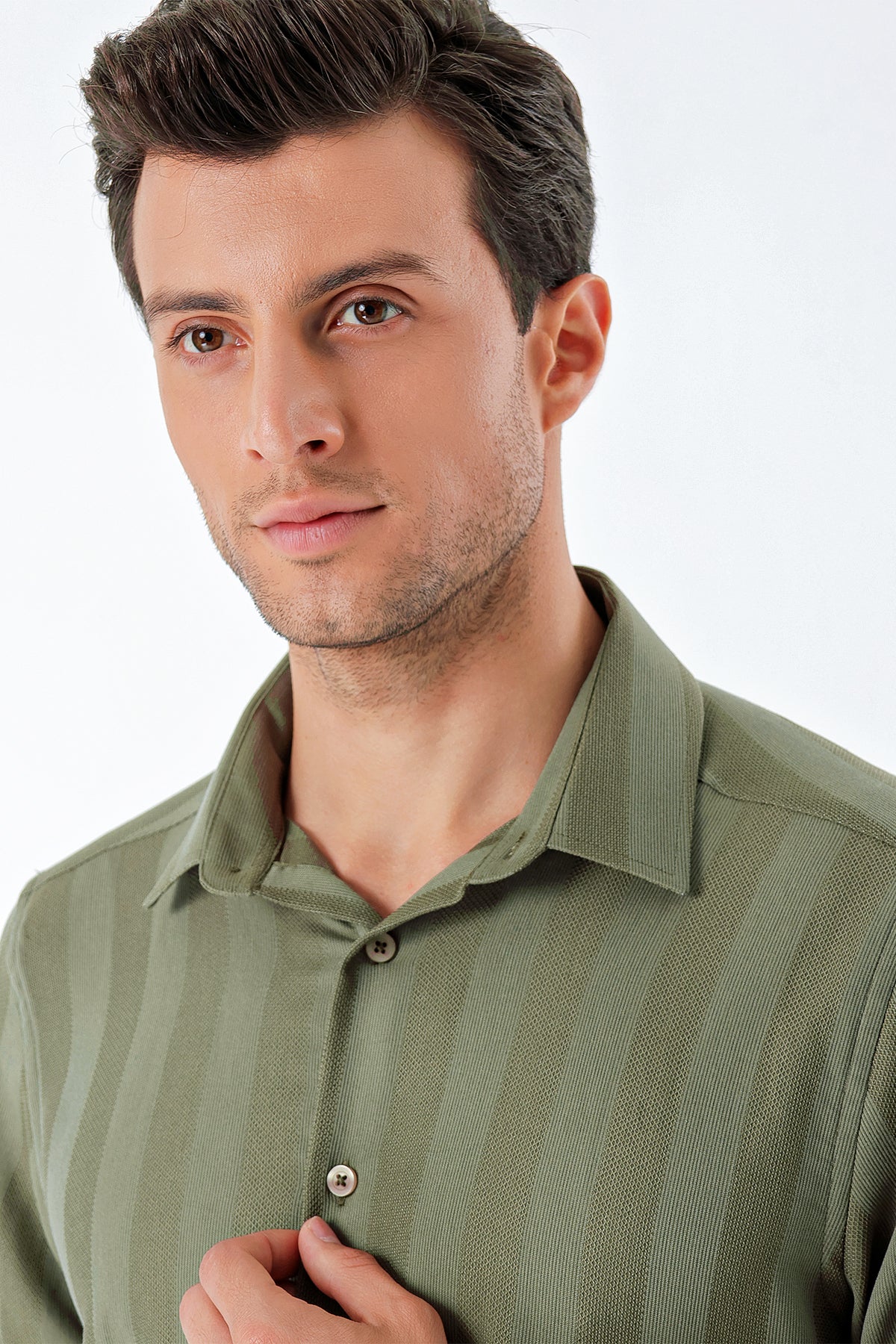 Comfort-Fit Short Sleeve Striped Shirt - Khaki