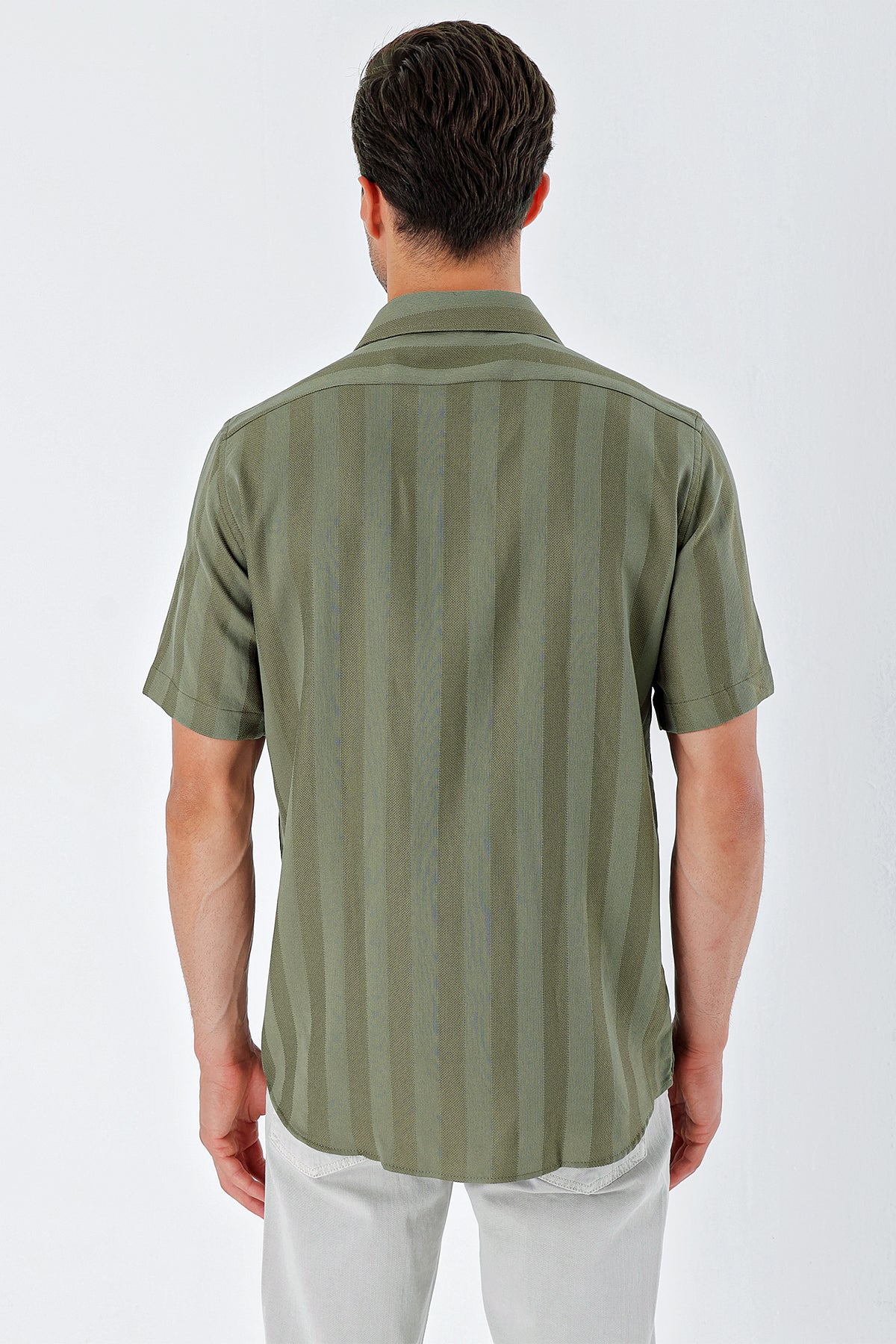 Comfort-Fit Short Sleeve Striped Shirt - Khaki