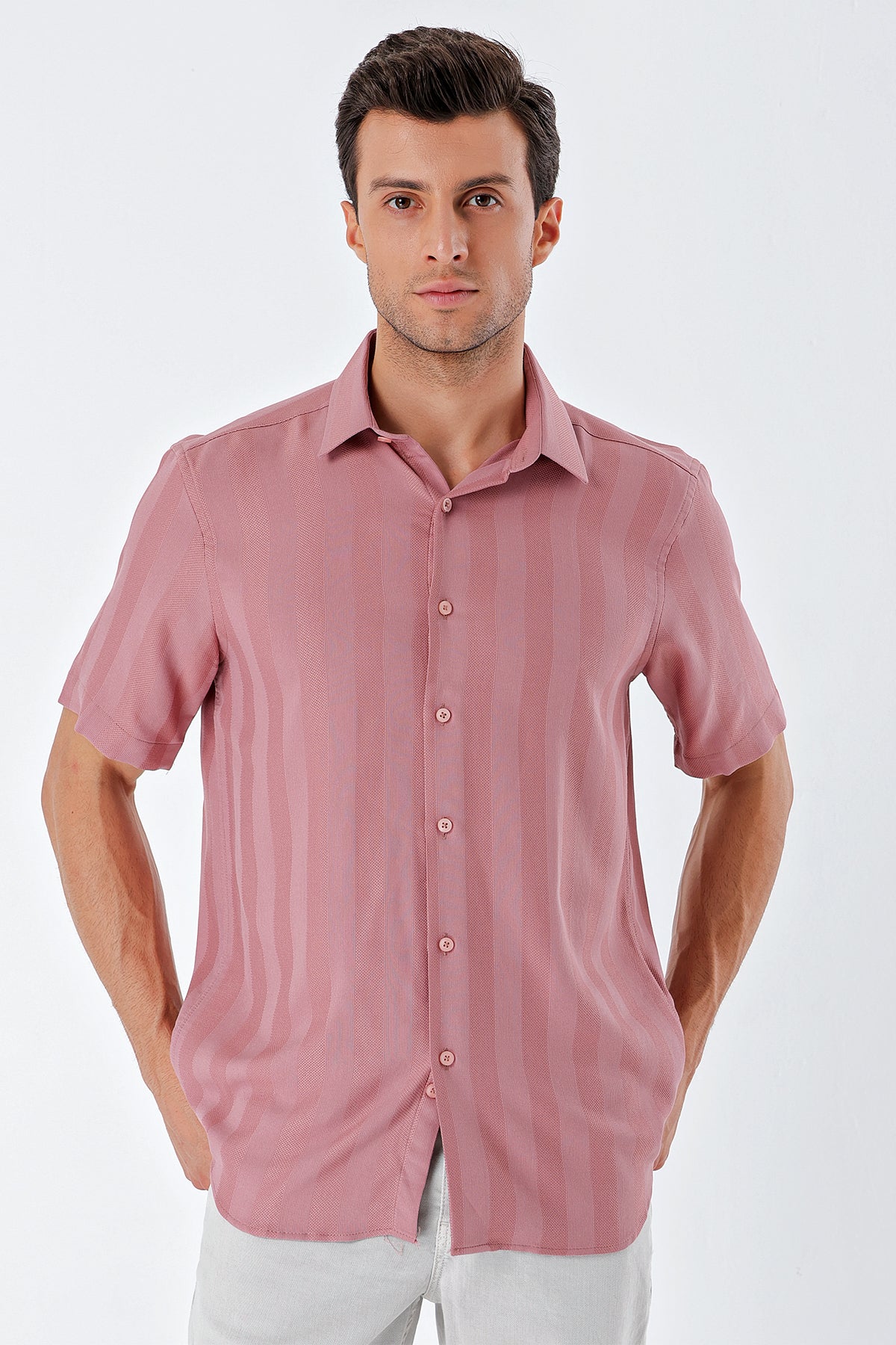 Comfort-Fit Short Sleeve Striped Shirt - Rose