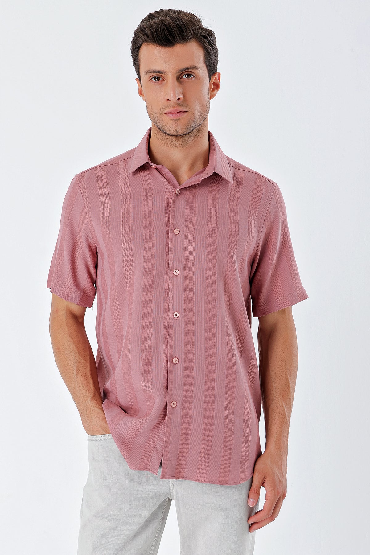 Comfort-Fit Short Sleeve Striped Shirt - Rose