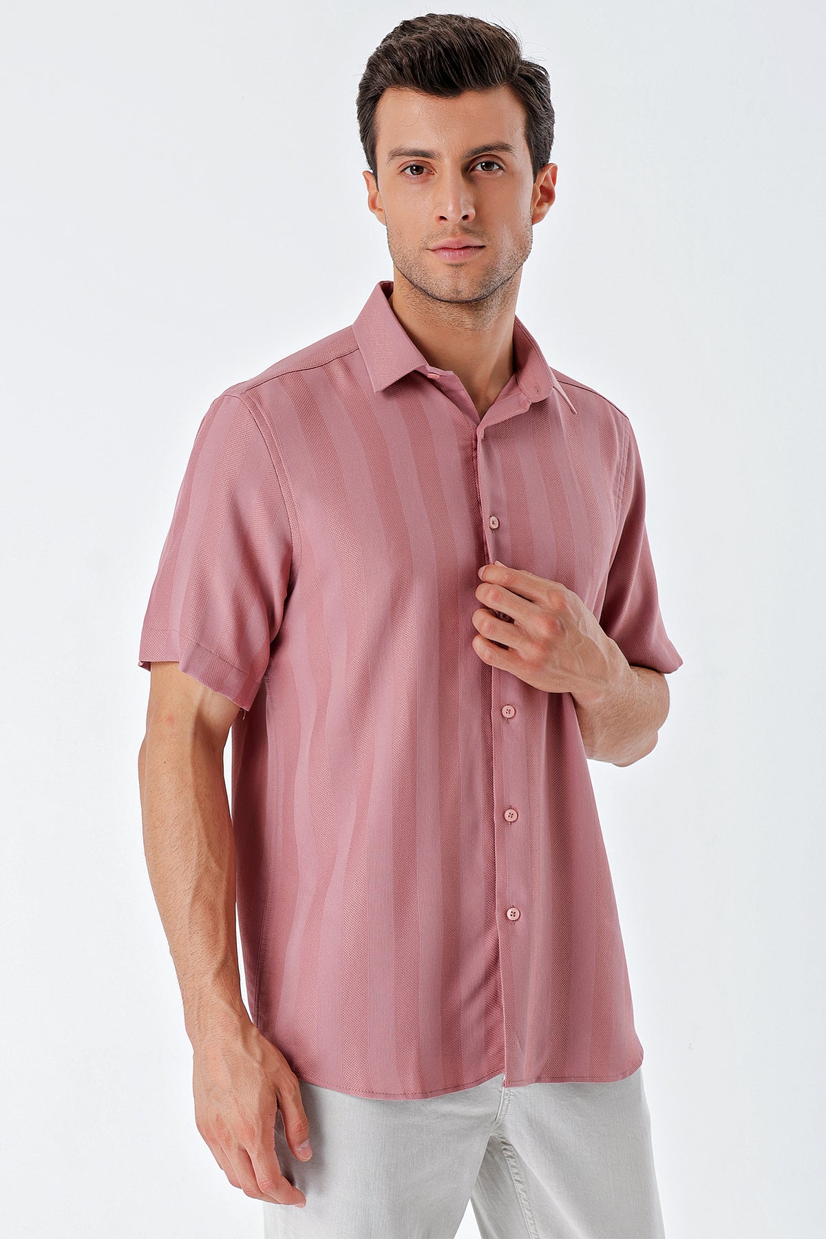 Comfort-Fit Short Sleeve Striped Shirt - Rose