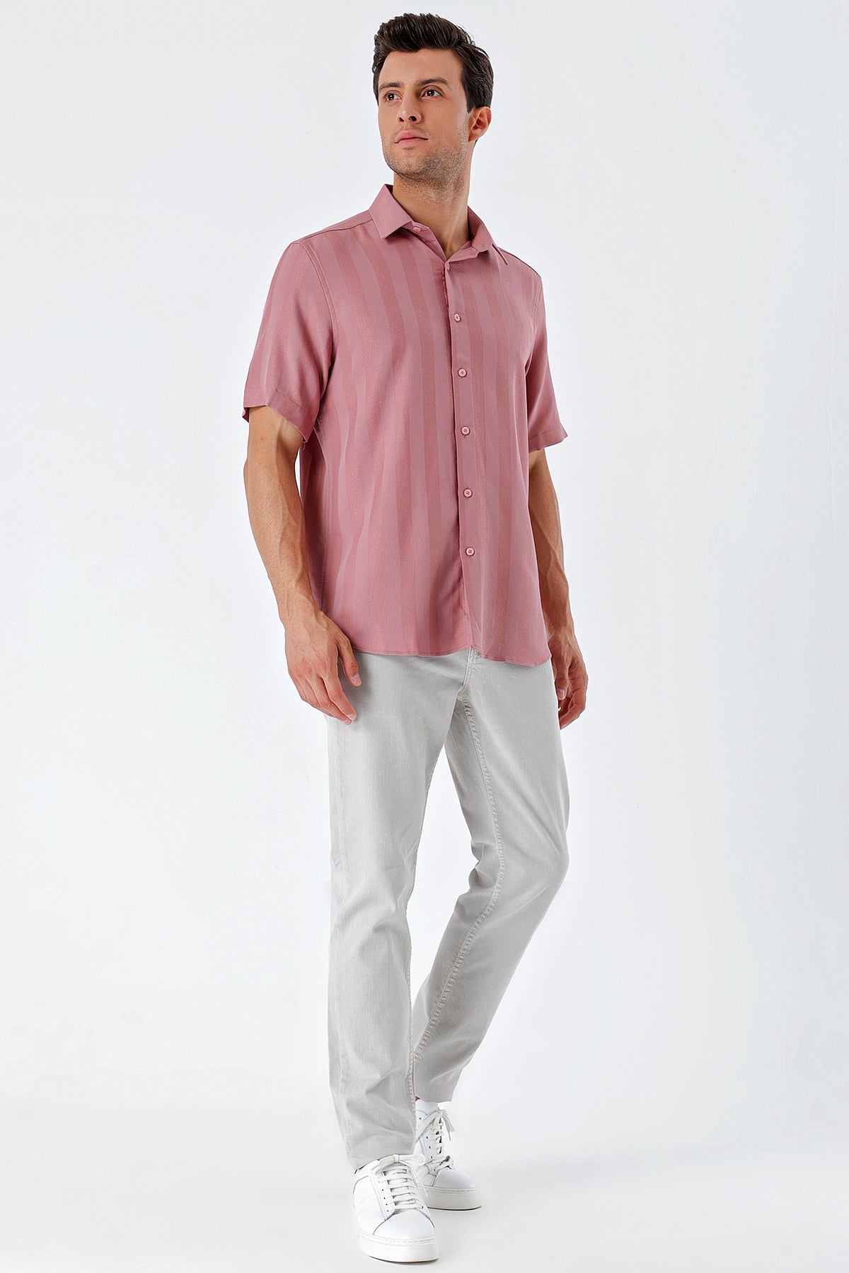 Comfort-Fit Short Sleeve Striped Shirt - Rose