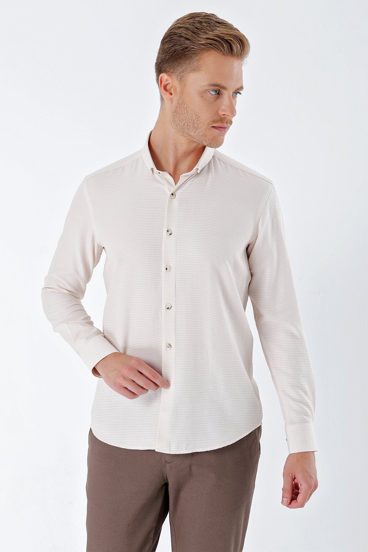 Slim-Fit Textured Oxford Shirt - Light Beige