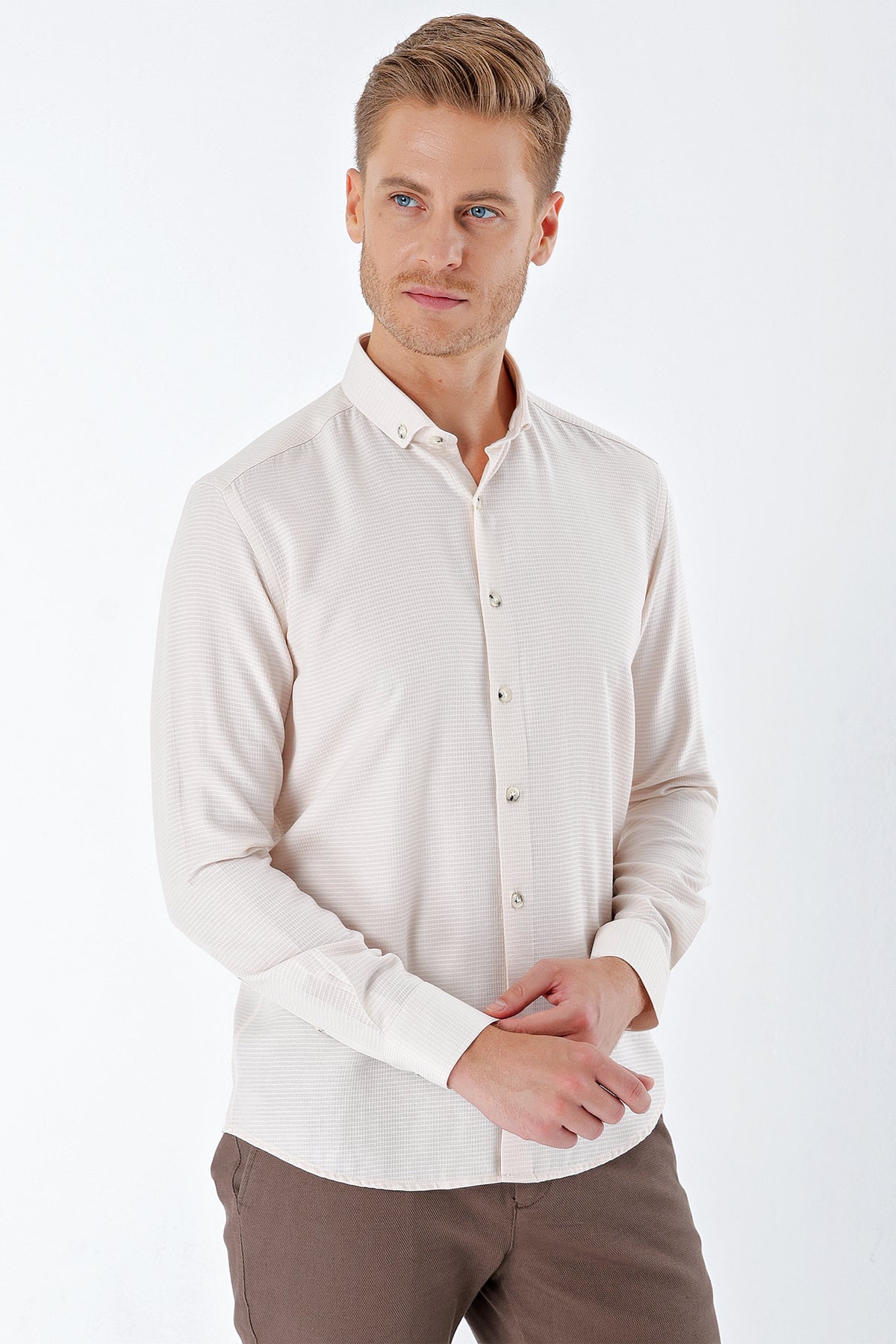 Slim-Fit Textured Oxford Shirt - Light Beige