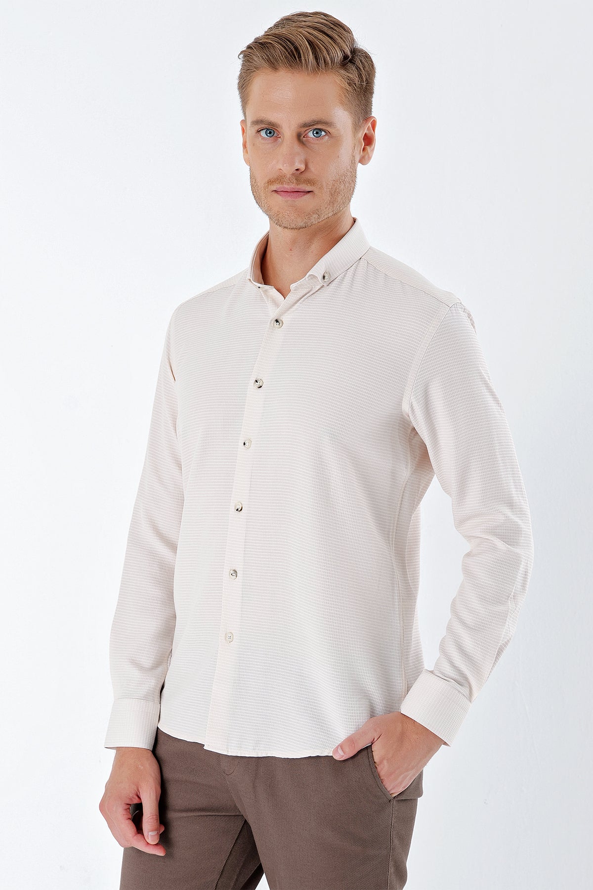 Slim-Fit Textured Oxford Shirt - Light Beige