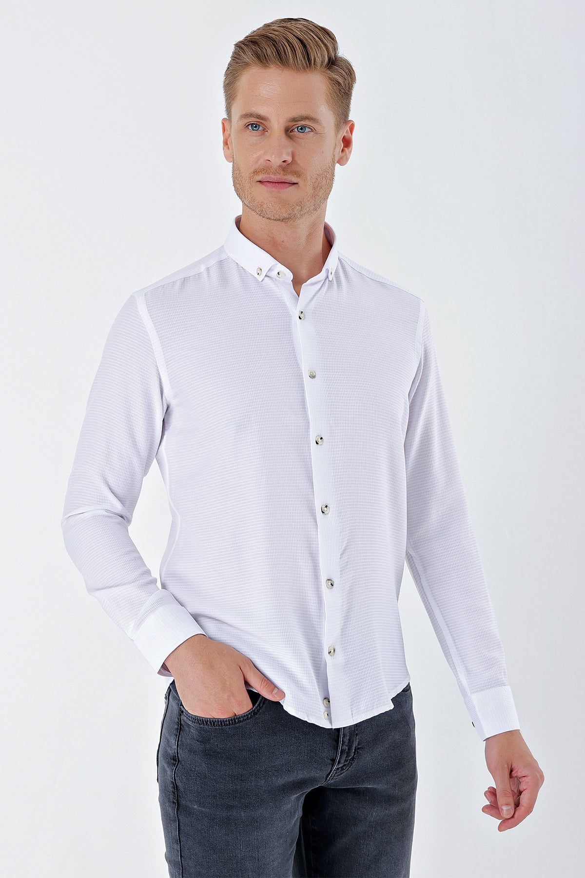 Slim-Fit Textured Oxford Shirt - White