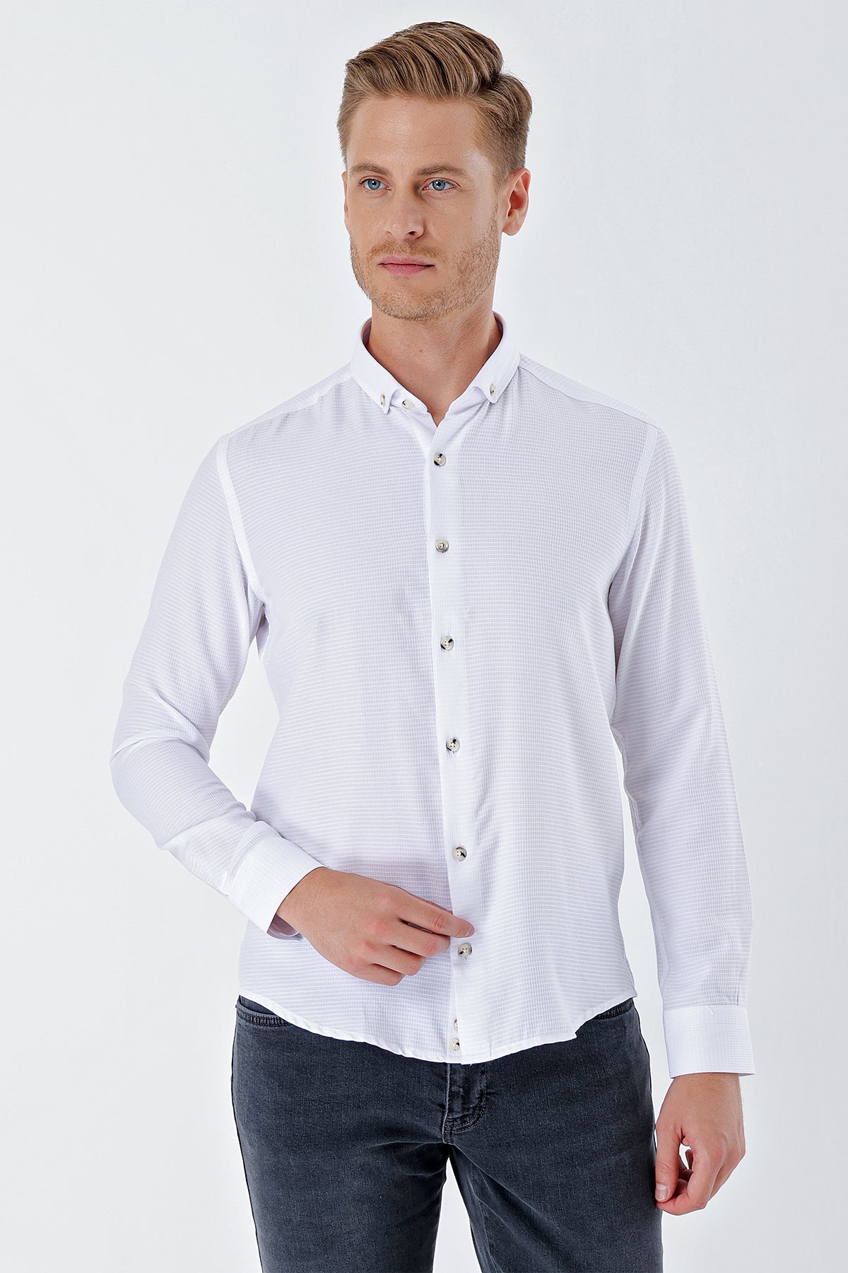 Slim-Fit Textured Oxford Shirt - White