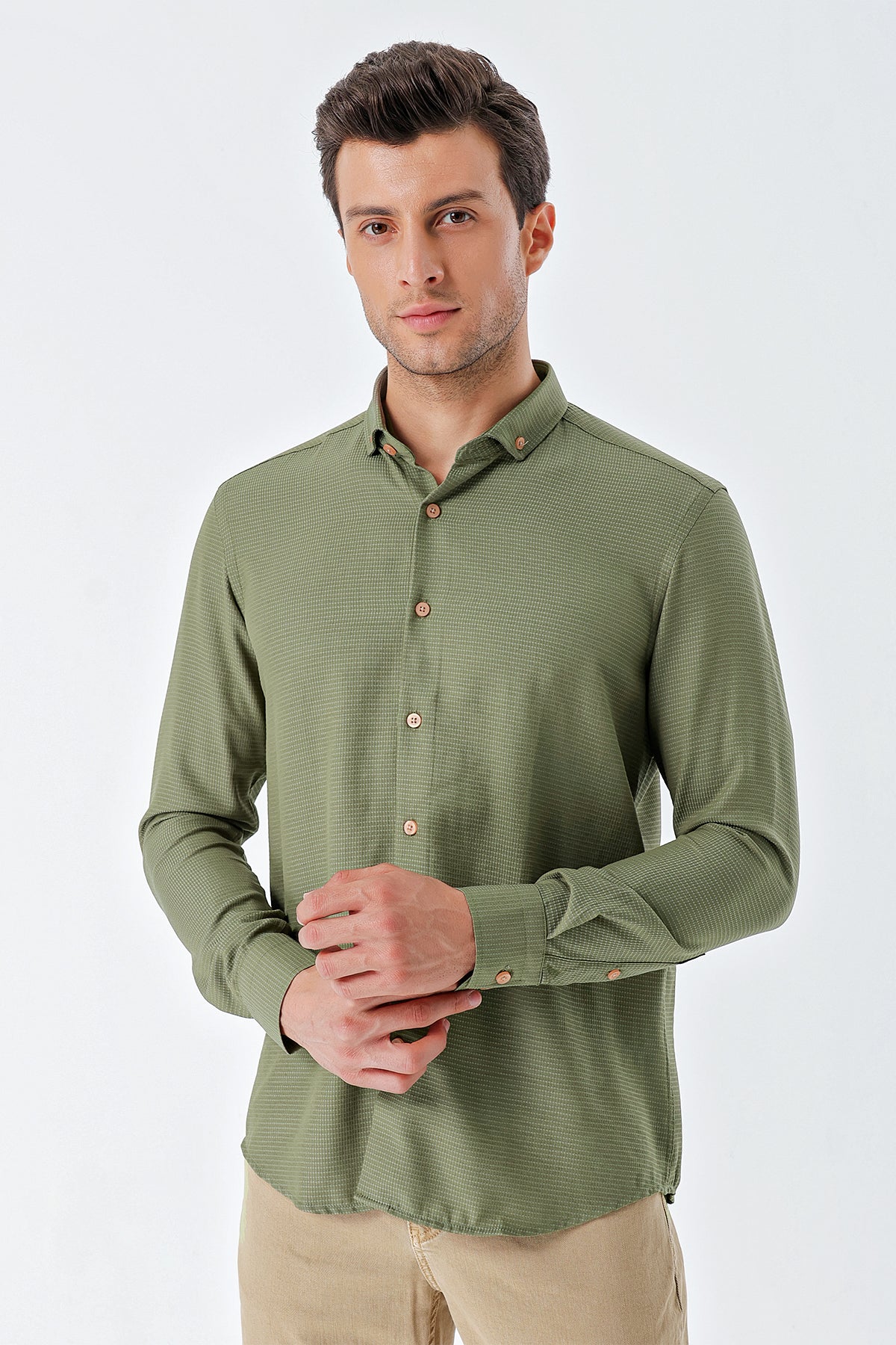 Slim-Fit Textured Oxford Shirt - Khaki