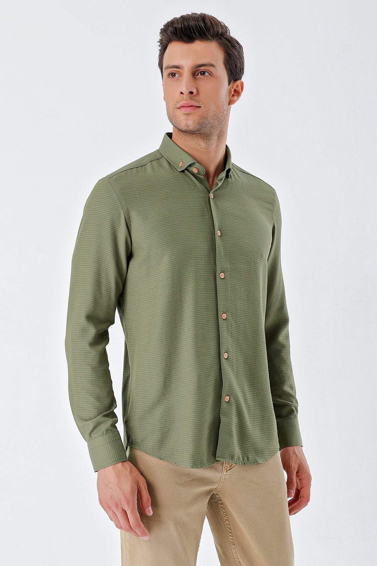 Slim-Fit Textured Oxford Shirt - Khaki