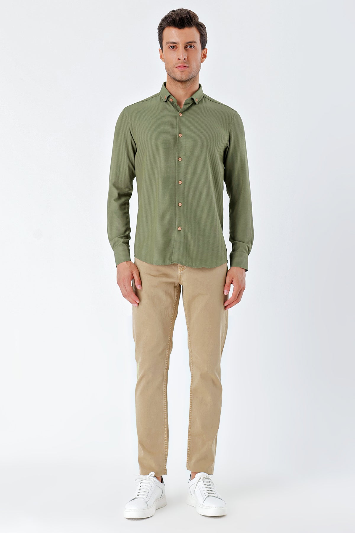 Slim-Fit Textured Oxford Shirt - Khaki