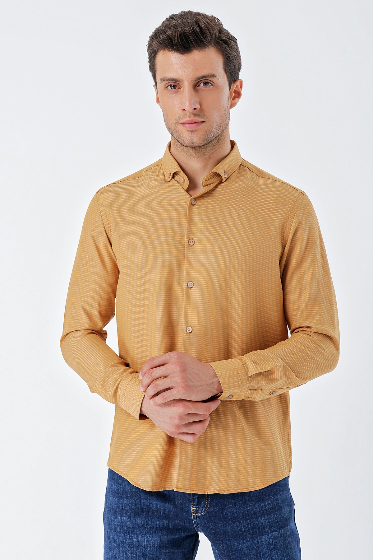 Slim-Fit Textured Oxford Shirt - Camel