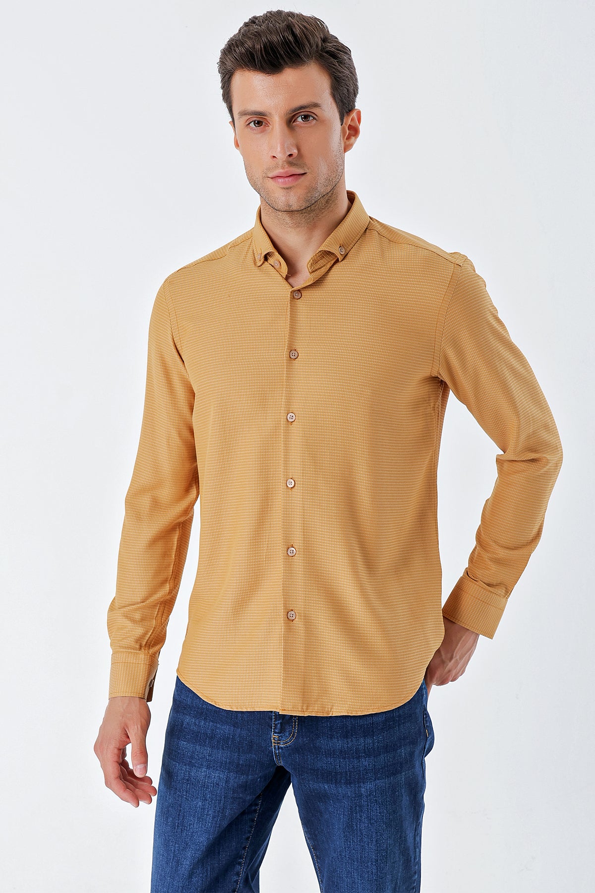 Slim-Fit Textured Oxford Shirt - Camel