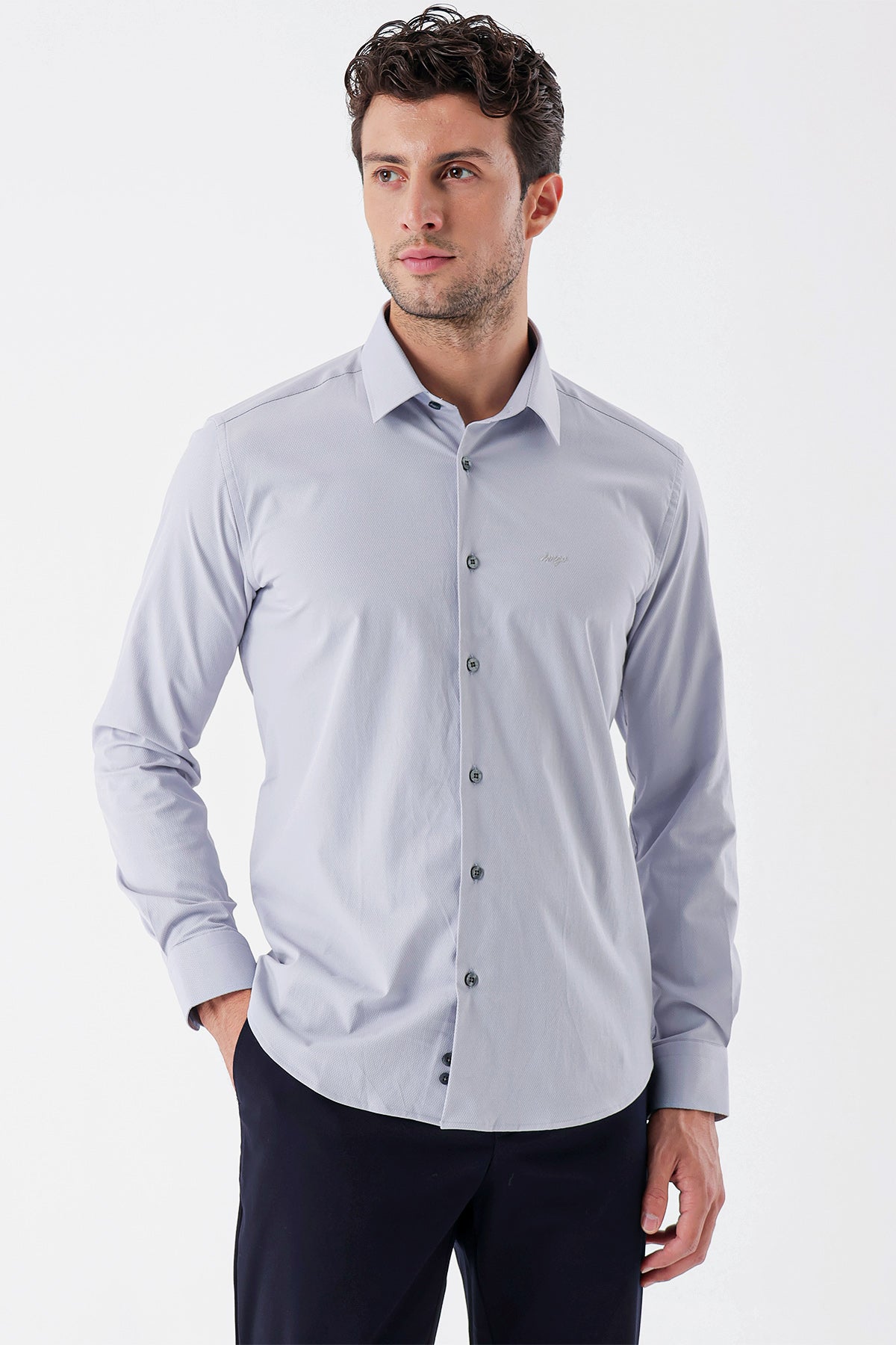 Slim-Fit Textured Classic Shirt - Grey